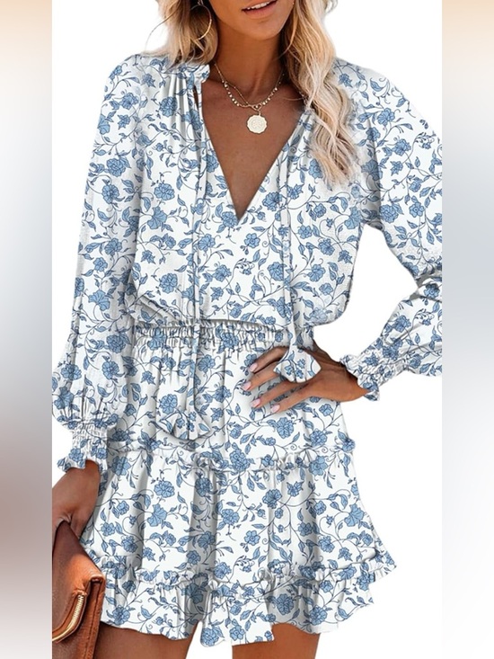 Dokotoo Dresses & Skirts - Long-Sleeve Blue Floral Mini Dress with Smocked Waist